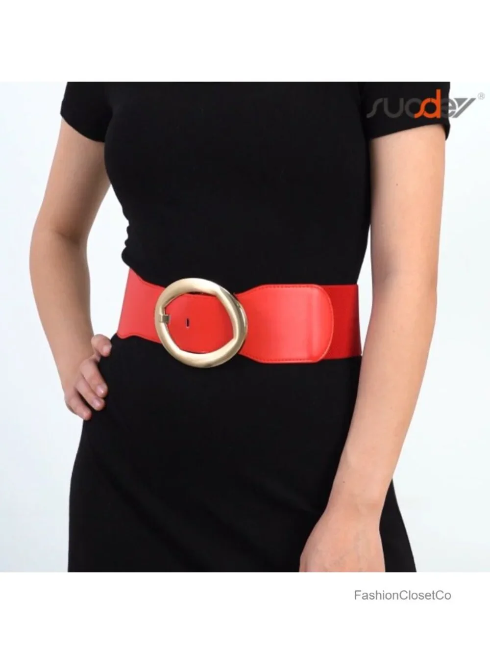 Wide Stretchy Waist Belt Faux Leather Oval Gold Buckle 3 Inch Elastic Dresses